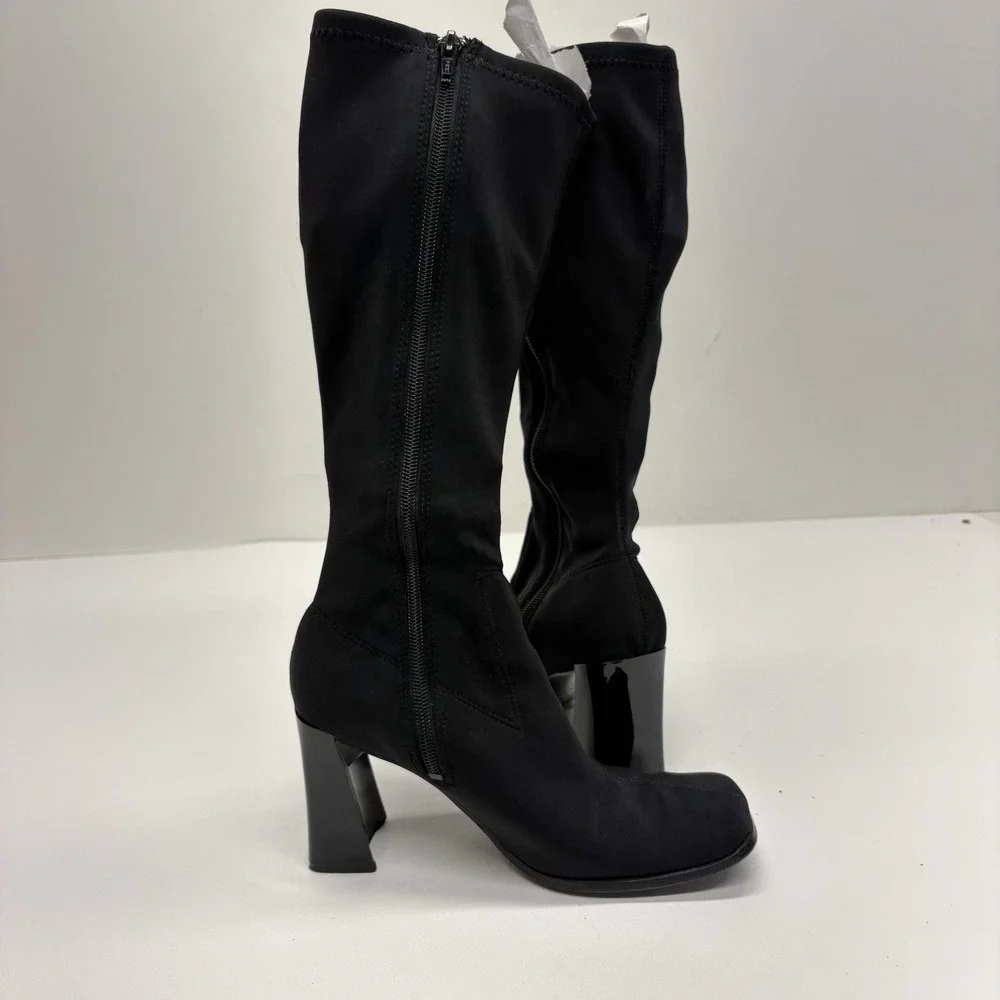 Wesley & Co Vintage 90s Y2K Black Sock Boots Knee High Square Toe Chunky Heel 6 - Picture 8 of 12
